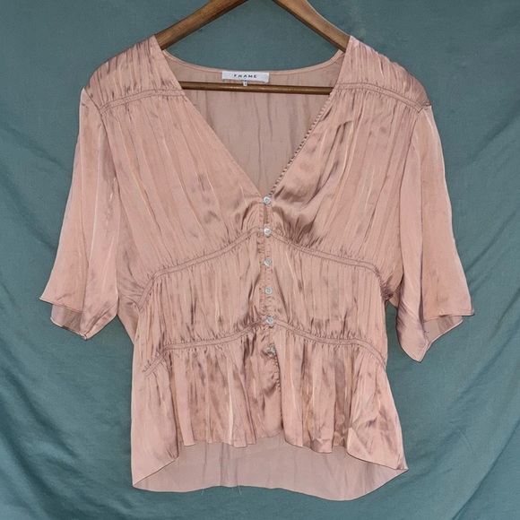 EUC Frame Pink Shirred V-Neck Blouse Size Large Retro 90s Vibe Fire Rose Summer - Picture 1 of 6